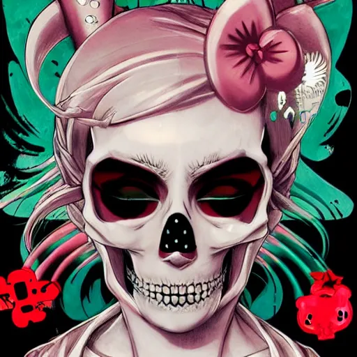 Prompt: anime manga skull portrait young woman skeleton, hello kitty, painterly, logo, graffiti, elegant, highly detailed, digital art, art by jc leyendecker and sachin teng