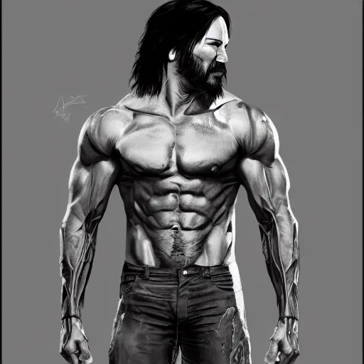 Image similar to muscular keanu reeves , sketch , trending on artstation , Hyperdetailed , CGSociety