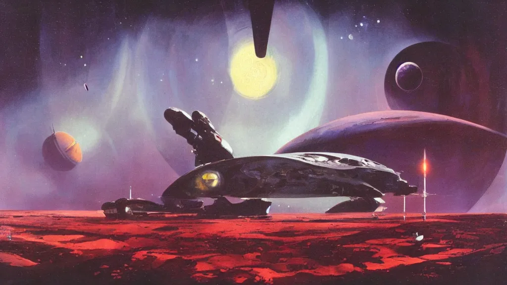 Image similar to spaceship design by paul lehr and jack gaughan and john schoenherr, cinematic matte painting