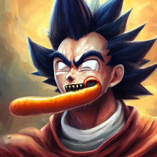 Image similar to portrait of a young rugged goku hot dog, extra onions and ketchup, luscious with sesame seeds, handsome, D&D, fantasy, intricate, eldritch, Viking, elegant, highly detailed, digital painting, sweaty meat, artstation, concept art, matte, sharp focus, illustration, art by Anna dittmann