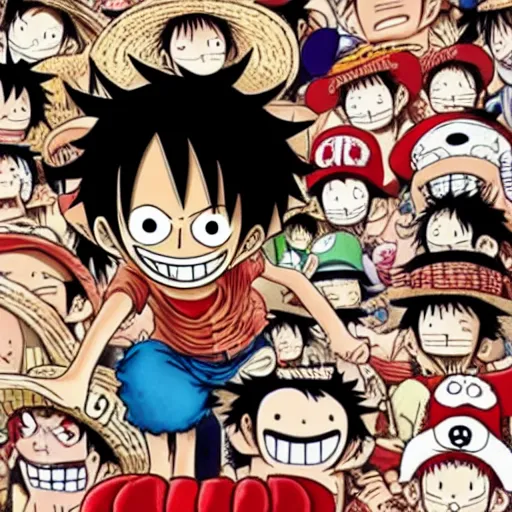 Image similar to luffy d. monkey from one piece in a where's wally waldo image