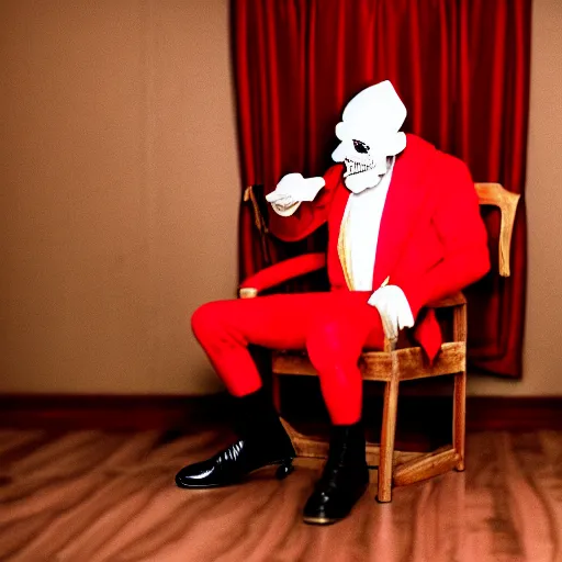 Image similar to a plotting man in a red jester suit sitting in a wooden chair near a table covered with cloth. the room is dimly lit.