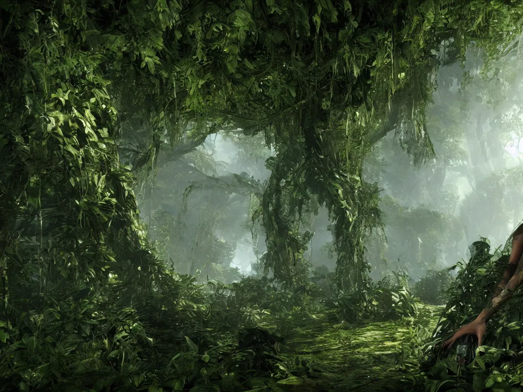 Image similar to gorgeous woman covered by vines in crysis 3, rendered in 8k with cryengine, ray-tracing, highly symmetrical and detailed