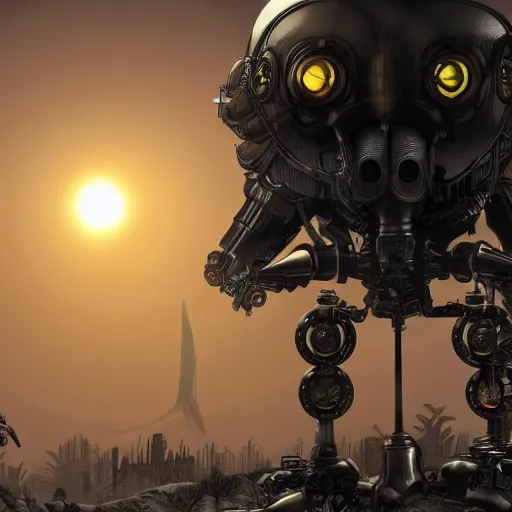 Image similar to a steampunk mech on an alien planet, at sunset with smog