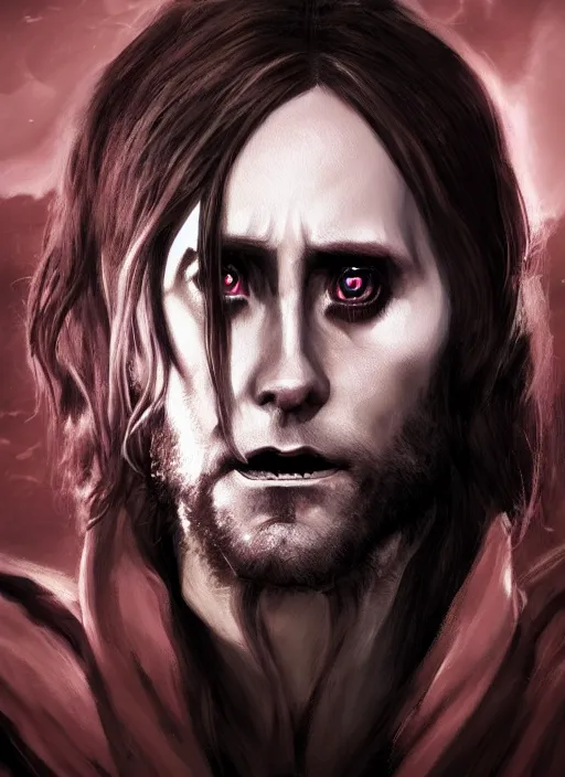 Image similar to A fantasy comic book style portrait painting of Jared Leto as a vampire race in a atmospheric dark fortress, unreal 5, DAZ, hyperrealistic, octane render, RPG portrait, ambient light, dynamic lighting