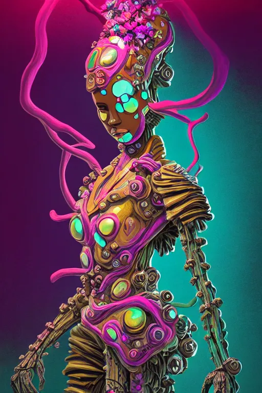 Prompt: illustration neo - victorian cinematic super expressive! yoruba goddess with exoskeleton armor, merging with tree in a forest, pink yellow flowers, highly detailed digital art masterpiece, smooth etienne sandorfi eric zener dramatic pearlescent soft teal light, ground angle hd 8 k, sharp focus