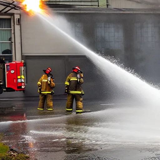 Prompt: Firefighters shooting firehose shaped flamethrower on to a building