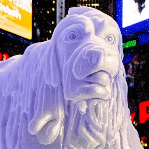 Image similar to snoop dog ice sculpture in times square, photorealistic, 8 k resolution, high detail