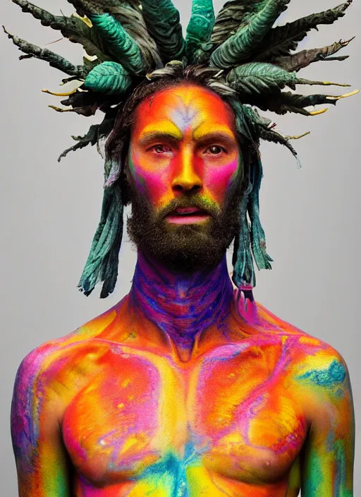 Image similar to full body statue of a psychedelic shaman by Jean-Baptiste Carpeaux and Luo Li Rong and Michael James Talbot, all body, flying in space. perfect symmetrical face, colorful, psychedelic psychedelic psychedelic colors, fresh rainbow bodypainting, synthwave, in full growth, elegant, realistic, 8K, female full-skin figure, hyperrealism, subsurface scattering, raytracing, rim light, Octane Render, Redshift, Zbrush, Zdzisław Beksiński, complex psychedelic glitch background