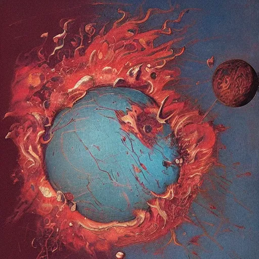 Prompt: a sphere being devoured by abstract splatters of paint in the style of francis bacon, venus being engulfed in flames in the style of james jean, surreal, beksinski, high detailed