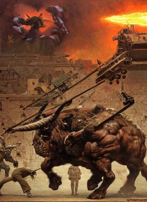 Image similar to steroid minotaur destroys army tank, dynamic action, by lawrence alma - tadema and zdzislaw beksinski and norman rockwell and jack kirby and tom lovell and greg staples, artstation creature art