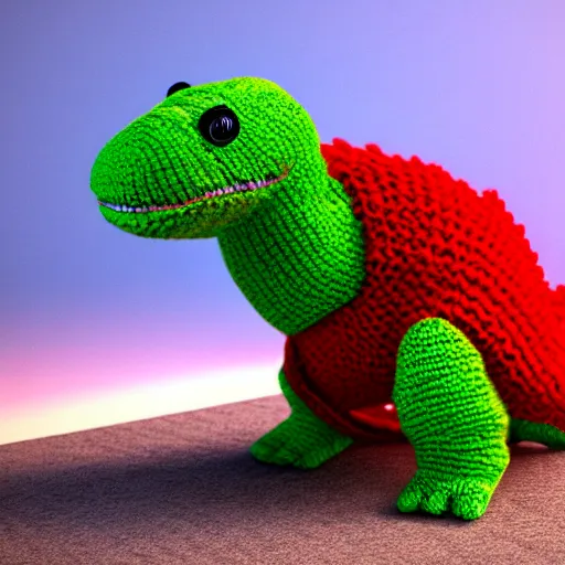 Image similar to super cute dinosaur made out of sweaters and yarn octane rendering vivid cinematic lighting 4 k