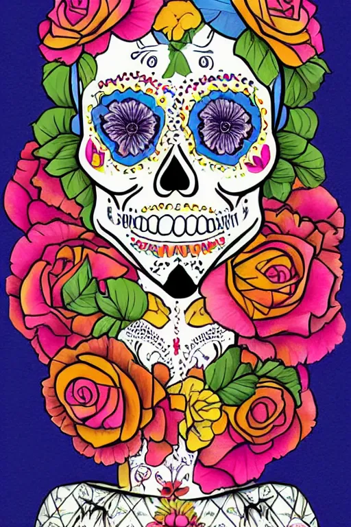 Prompt: Illustration of a sugar skull day of the dead girl, art by wes anderson