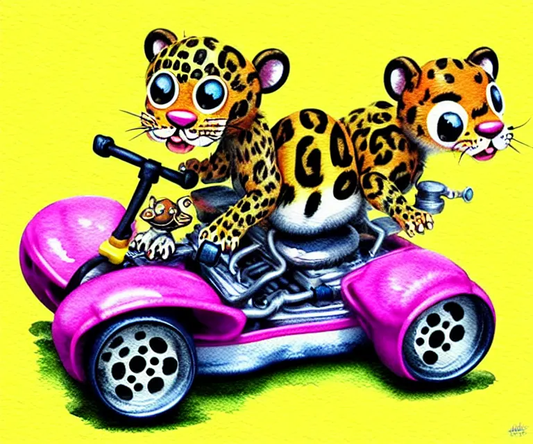 Image similar to cute and funny, baby leopard riding in a tiny go kart with oversized engine, ratfink style by ed roth, centered award winning watercolor pen illustration, isometric illustration by chihiro iwasaki, edited by range murata, tiny details by artgerm and watercolor girl, symmetrically isometrically centered