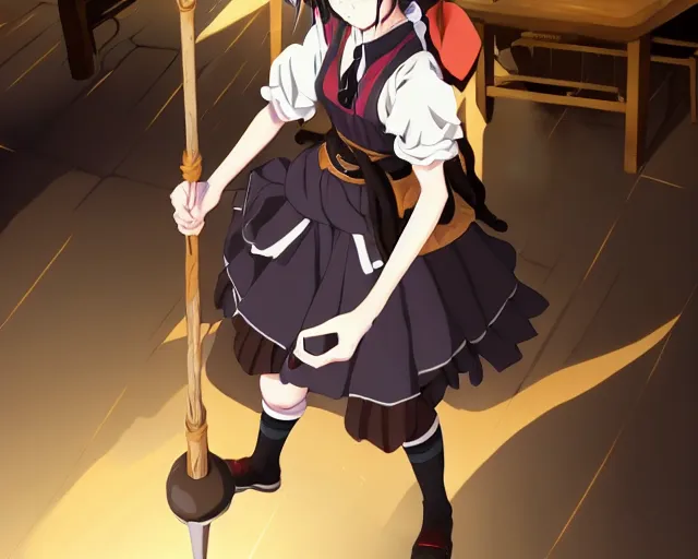 Prompt: key anime visual portrait of a young female witch carrying a backpack in a tavern interior, dynamic pose, dynamic perspective, cinematic, dramatic lighting, muted colors, fine detail, textured, big detailed eyes, anatomical proportions