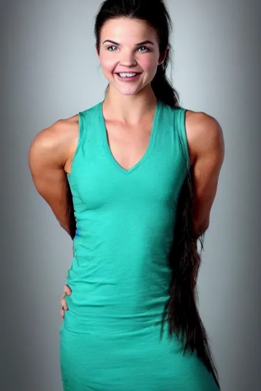 Image similar to fantasy character photo. facial expression of manic obsessive love. danielle campbell. black hair in ponytail. bright blue eyes. tall, lanky, athletic, wiry, slightly muscular. sleeveless light green dress. gleefully telling a bs story full of lies