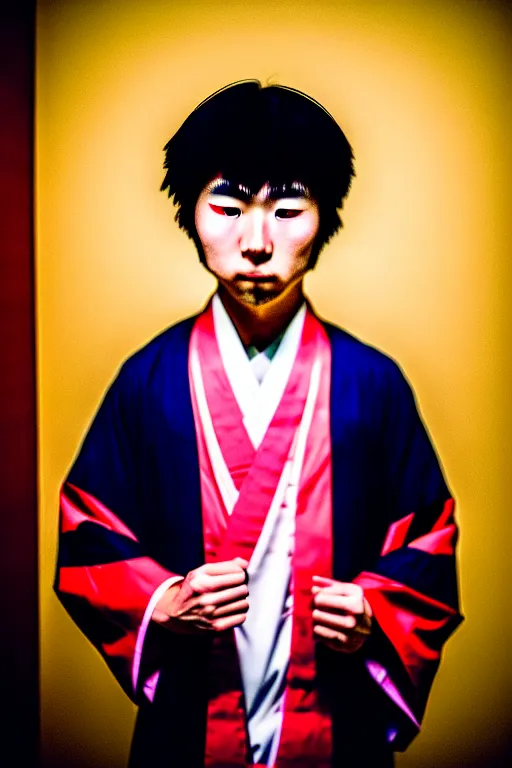 Image similar to photography masterpiece by haruto hoshi, flash photography portrait of young japanese man in kabuki cho, shot on a canon full frame camera with a 3 5 mm lens aperture f / 5. 6, kodak ultramax iso 4 0 0, dynamic composition, hyper realistic