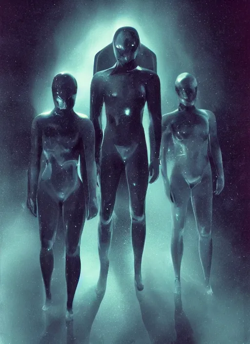 Image similar to astronauts in dark minimalists underwater pool - hyperdetailed suit. reflection and dispersion materials. rays and dispersion of light. volumetric light. 5 0 mm, f / 3 2. noise film photo. flash photography. ultra realistic, wide angle. poster by wayne barlowe, hajime sorayama aaron horkey, craig mullins. dark key.