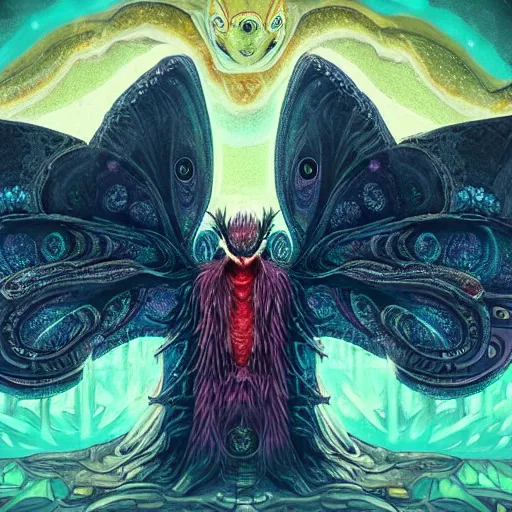 Image similar to A centered chest up portrait of a psychedelic godlike mothman with giant mandala wings smoking a hand-rolled cigarette smoking heavily , magic mushroom village in background , award winning. superb resolution. in the art style of junji Ito and greg rutkowski . Detailed Mushroom city in background. Hyper realistic anime. Perfect art. Dalle2