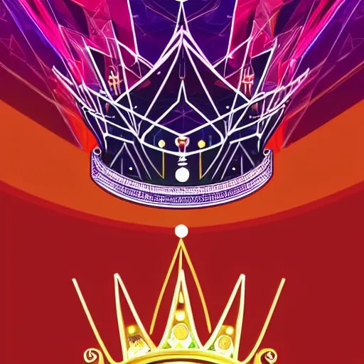 Prompt: a glowing crown sitting on a table with one beautiful eye mounted on it like a jewel, night time, vast cosmos, geometric light rays, bold black lines, flat colors, minimal psychedelic edgy 2 0 0 0 s poster illustration