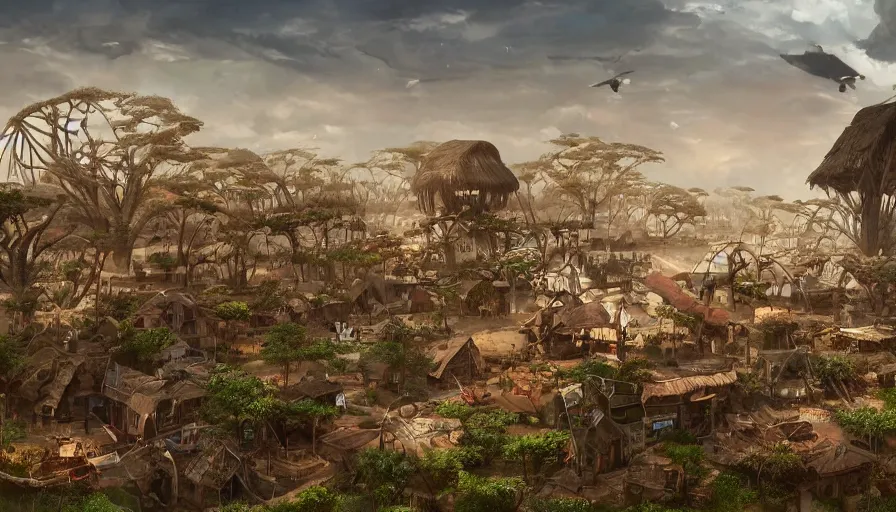 Image similar to An old flying village in Africa, hyperdetailed, artstation, cgsociety, 8k