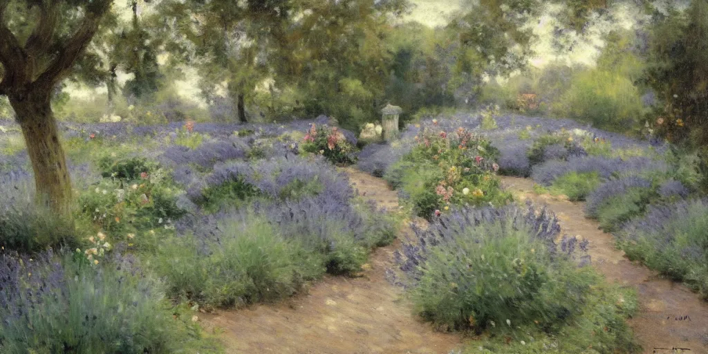 Image similar to enchanted garden, lavender and teal, pathway, flowers, high detail, matte painting, naturalism, by Émile Friant,