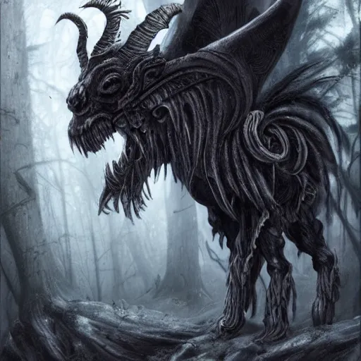 Image similar to ancient magus, fae, berserking ram skulled creature with black fur, elegant, tendrils, forest, heavy fog, fantasy, ultra realistic