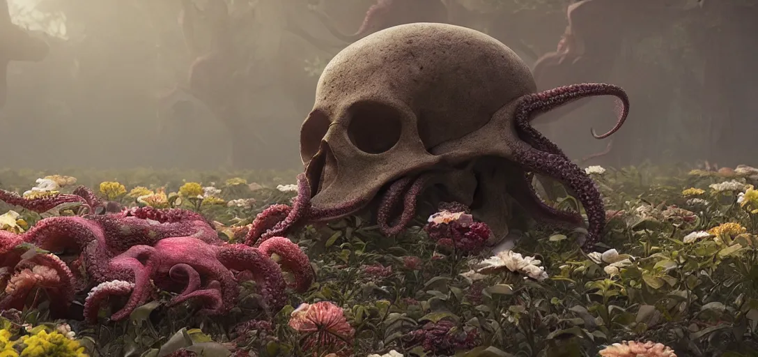 Prompt: an | octopus in the shape of a skull surrounded by flowers at dawn, foggy, sun rays, cinematic shot, photo still from movie by denis villeneuve, wayne barlowe