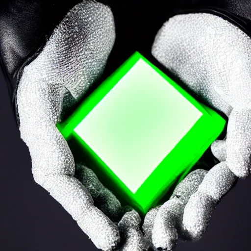 Image similar to a glowing shard of kryptonite held in an open black - gloved hand, black background