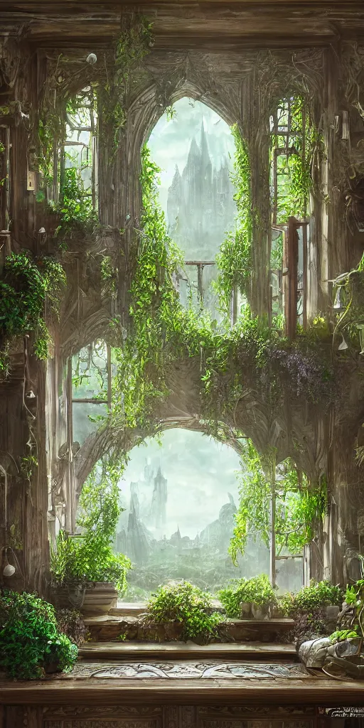 Prompt: fantasy Elvish windowsill with lush plants inside of it, interior of room, looking out toward a metropolitan cityscape, vignette of windowsill, detailed digital concept art by John Howe, trending on artstation