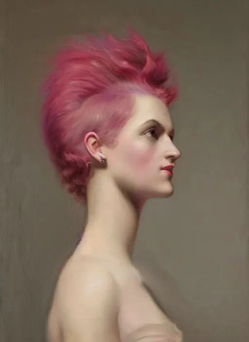 Prompt: a detailed portrait of woman with a mohawk by edouard bisson, year 1 9 5 0, pink hair, punk rock, oil painting, muted colours, soft lighting