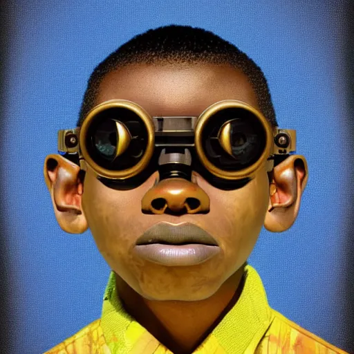 Image similar to colourful vfx upper half - portrait - art of a nigerian boy wearing steam punk goggles, art by utagawa kunisada & james jean, concept art, digital illustration, digital render, volumetric light, ray tracing, symmetrical, unreal engine, octane render, sharp, detailed, highly detailed, intricate detail, pinterest, behance, art station,