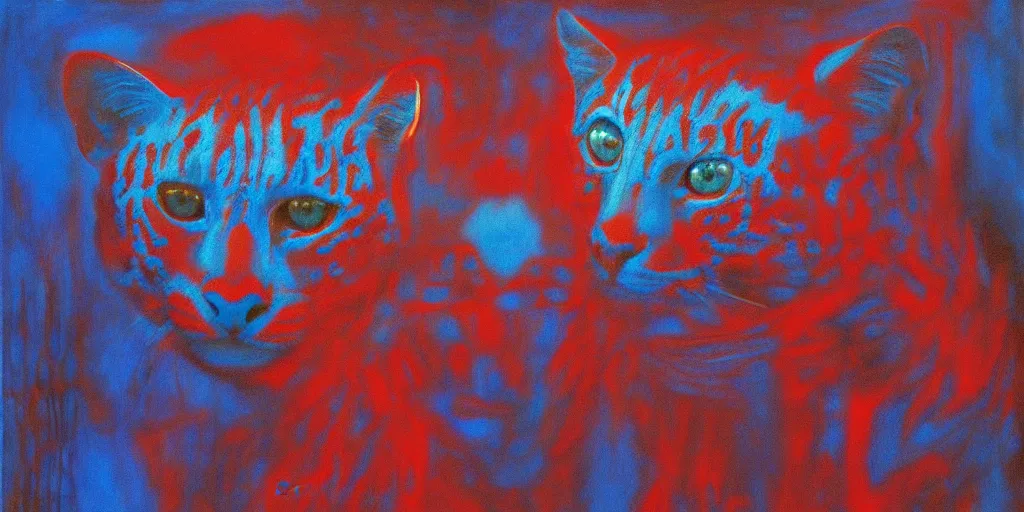 Prompt: only with blue, ney motogrosso in love with a red ocelot, too many mouths and faces in all directions, in hoc signo vinces, forest, in the style of leonora carrington, gottfried helnwein, intricate composition, blue light by rembrandt, insanely quality, highly detailed, masterpiece, red light, artstation