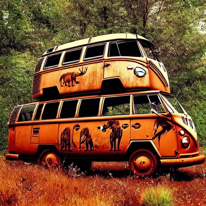 Image similar to picture of ancient vw bus, mammoths and hunters, ancient prehistoric rock art in a cave style, red ocher paint