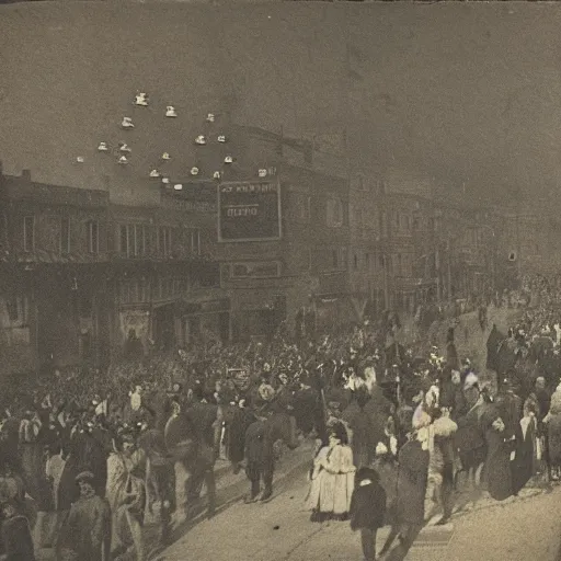 Image similar to grainy 1800s photo of a crowded city street with flying drones above