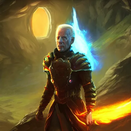 Prompt: Joe Biden standing in front of a powerful energy portal. Fantasy concept art. Best of ArtStation.