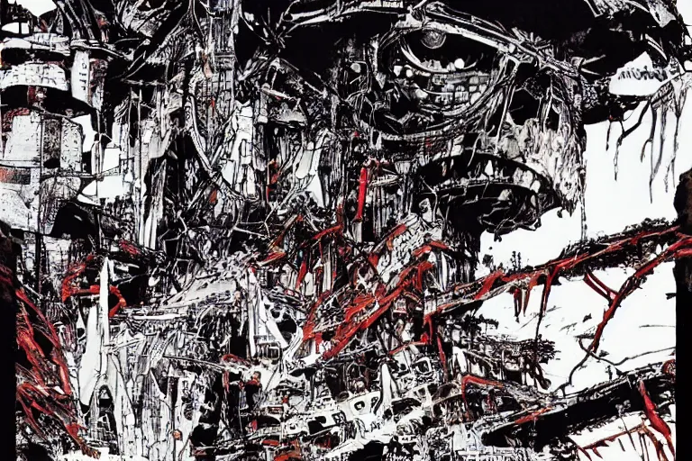 Prompt: no man's land, remnants of the human civilization, post-apocalyspe, a color illustration by Tsutomu Nihei, Tetsuo Hara and Katsuhiro Otomo