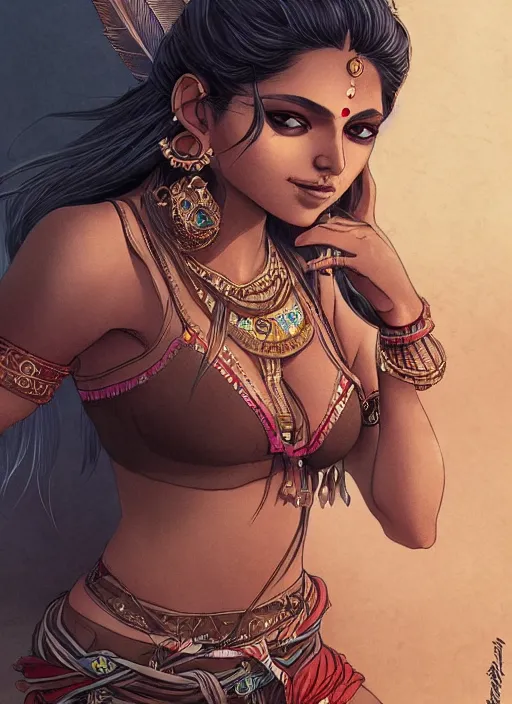 Prompt: beautiful indian figure, light brown skin, crop top and shorts, venizian era, demonic eyes, extremely detailed, sharp focus, smooth, digital illustration, by rossdraws, frank franzzeta