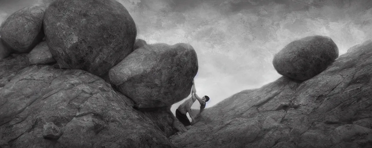 Image similar to a man is pushing a large and round boulder up a mountain, the stone is rolling up, the man looks tired and dejected, the mountain is steep, melancholic mood, animated, impressionism, 8k, HDR, ultra detailed, wide angle shot, movie poster, cinematic composition, trending on artstation, black and white