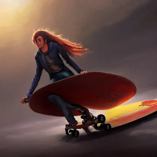 Image similar to A matte painting of Chandra on a skateboard, art by greg rutkowski, trending on artstation