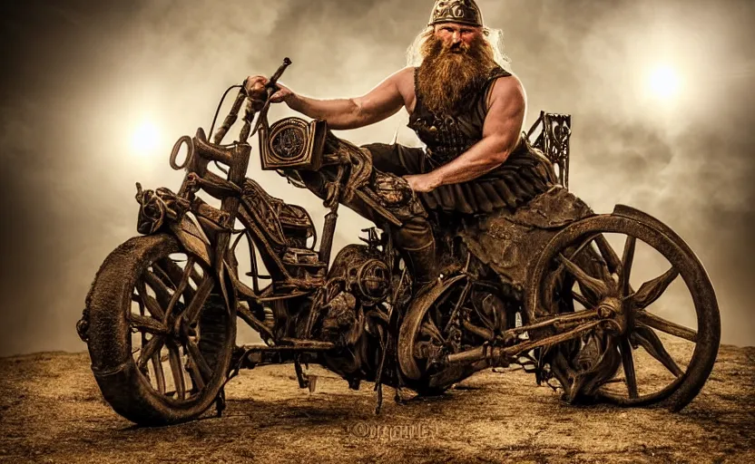 Image similar to old vintage full body photo of ancient viking warrior with full beard riding on the complex steam punk engine with one wheel, extreme sports photography ,super high speed photography, dynamic photography,symmetrical face, clean face, muscular body, high speed,dirt and grawel in air, lens flares, dust partiles in the air, dramatic lighting, intricate, highly detailed, centered, smooth, sharp focus, sports photography, old photo, black and white, sepia, cinematic lighting, cinematic angle, national geographic