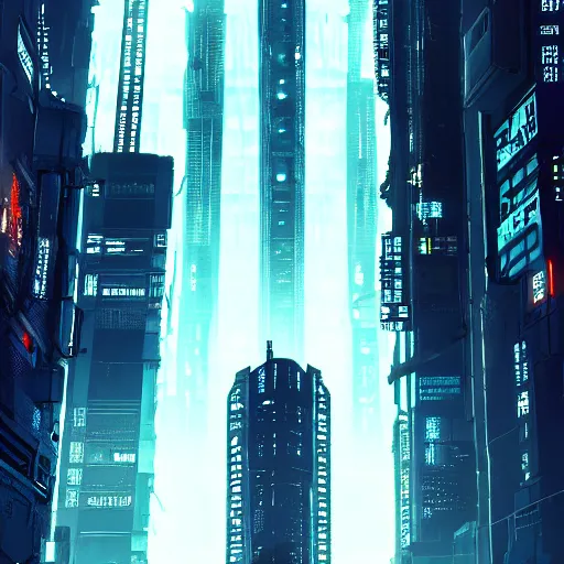 Image similar to Fully dark cyberpunk city with one building in the middle with only one window shining in style of Tsutomu Nihei. ArtStation, Cyberpunk, Vertical Symmetry, 8K, Highly Detailed, Intricate, Album Art.