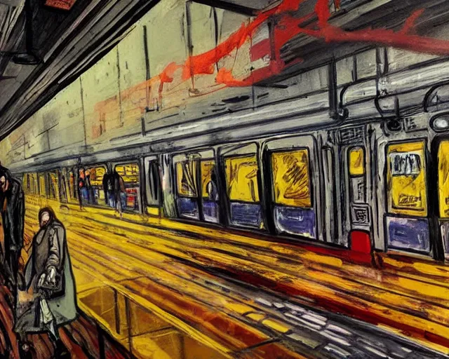 Prompt: urban nyc subway decay newspaper style, comic style painting with oil sticks on cardboard, intense brushstrokes with rough brush, Storybook Illustration, cinematic color palette, UV, 4K, painted by Edvard Munch
