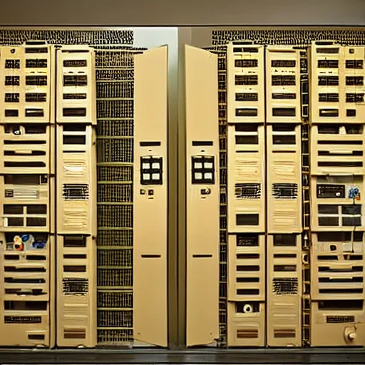 Prompt: diorama of a computer server bank room, gold, art deco, rust, worn, room full of computers