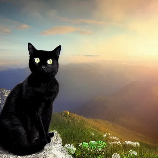 Image similar to a black cat sitting on top of a mountain enjoying the view, stunning digital art