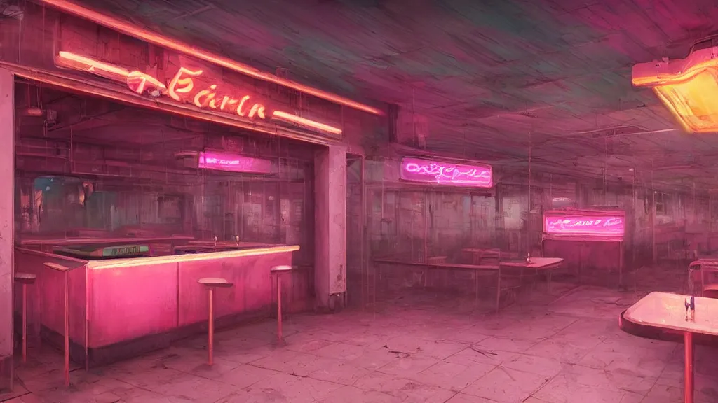 Image similar to the inside of an abandoned retro diner at night, by lee madgwick and bastien lecouffe - deharme, pink and orange neon lights, highly detailed interior, artstation trending, cryenging 8 k uhd