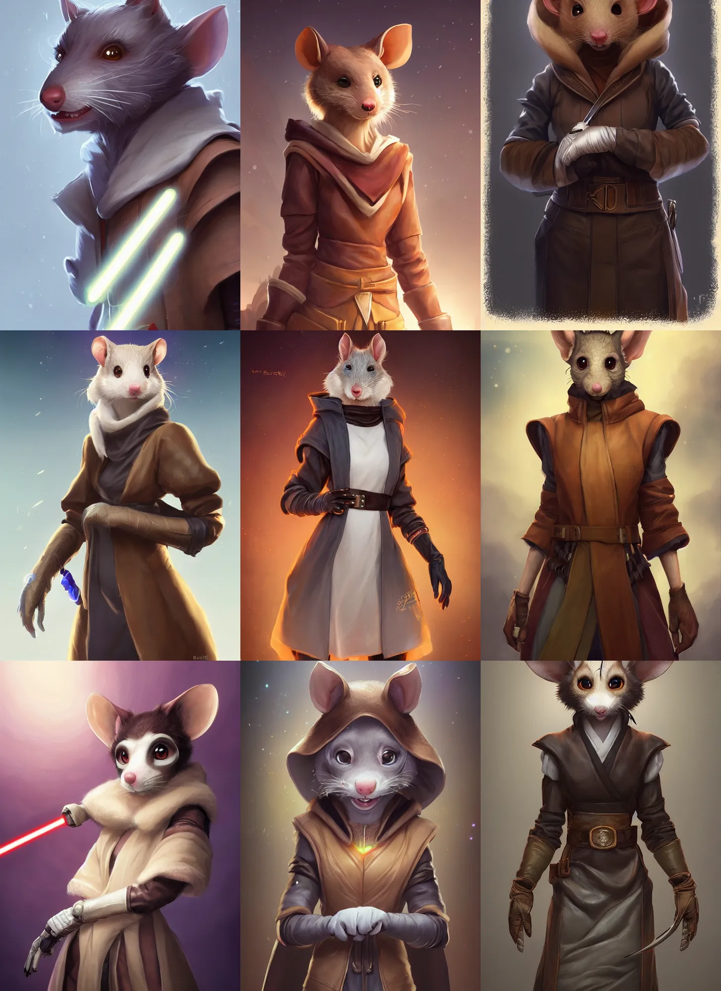 Prompt: beautiful portrait of a female anthropomorphic rat fursona wearing jedi robes. leather gloves. character design by charlie bowater, ross tran, artgerm, and makoto shinkai, detailed, soft lighting, rendered in octane