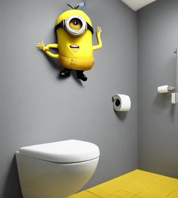 Image similar to a 4 k photorealistic photo of a minion, yellow and blue themed toilet.