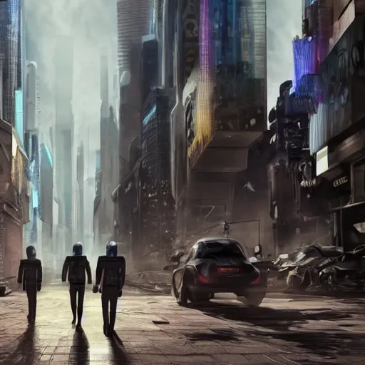 Prompt: Androids walking in a dystopic city