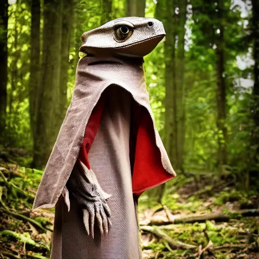 Image similar to medieval cloak wearing anthro lizard, photograph captured in the woods